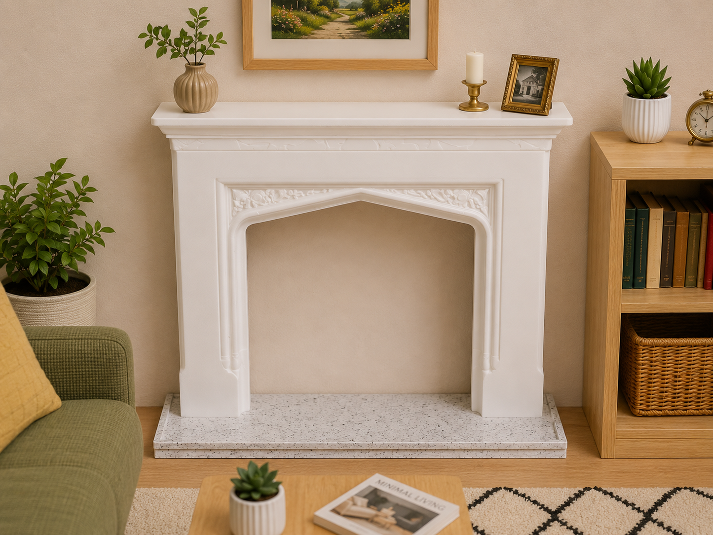 1:12 Scale Dolls House Miniature – Gothic Arch Fireplace & Marble Hearth