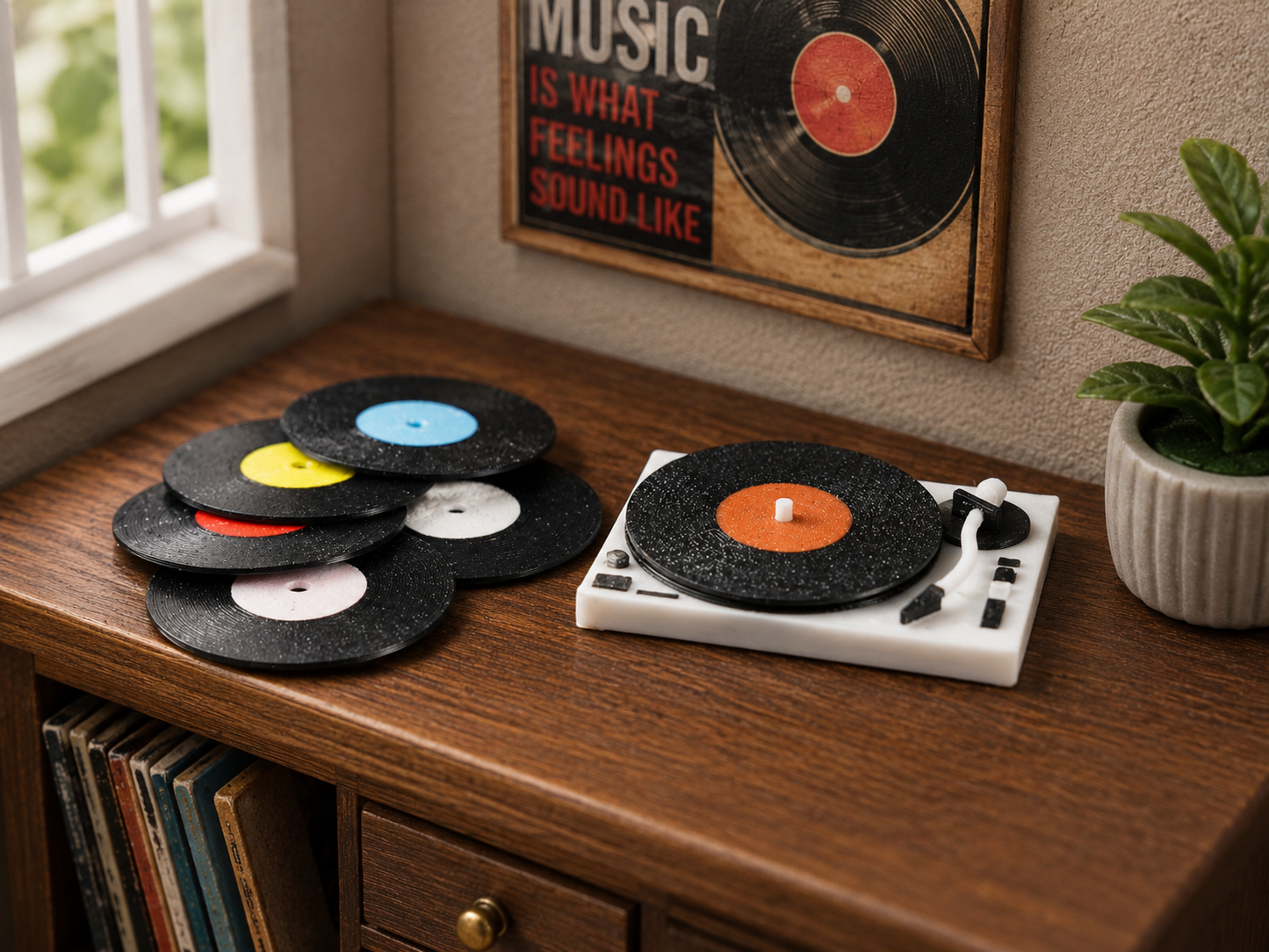 1:12 Scale Dolls House Miniature – Record Player with Vinyl Records