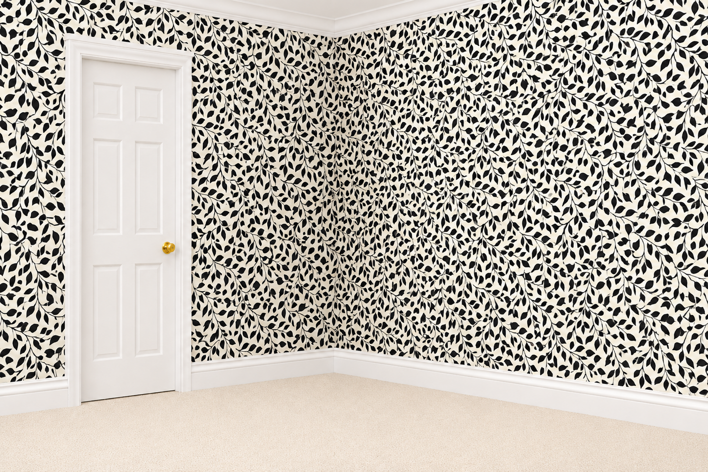 1:12 Scale Dolls House Miniature – Black & Cream Leaf Wallpaper Sheets x2