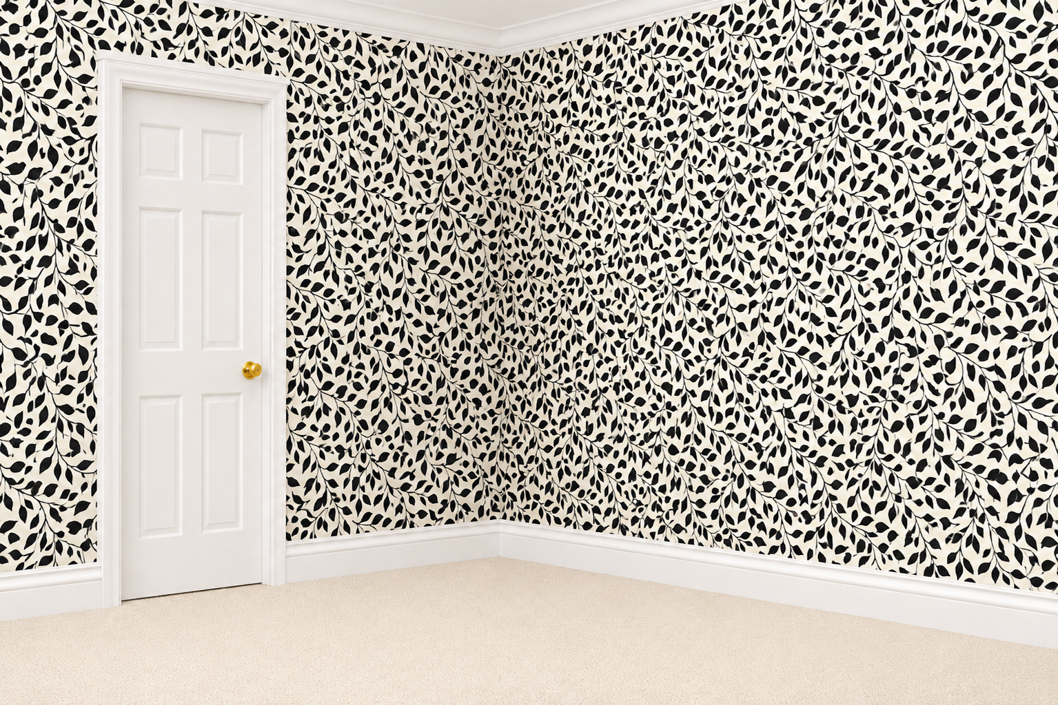 1:12 Scale Dolls House Miniature – Black & Cream Leaf Wallpaper Sheets x2