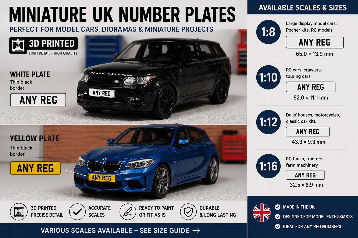 3D Printed Custom UK Licence Plates for Models - Pair - 1:8 1:10 1:12 1:16 Scale