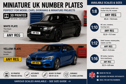 3D Printed Custom UK Licence Plates for Models - Pair - 1:8 1:10 1:12 1:16 Scale